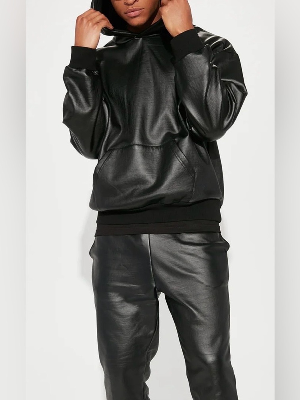 FOREVER 21 Pullover hoodie faux leather pouch pocket long sleeve black size L